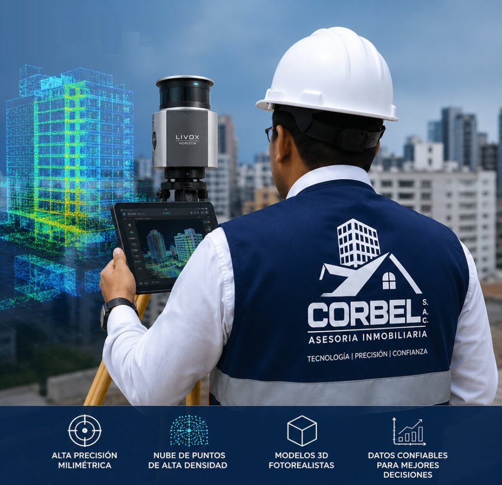 Técnico de CORBEL con escáner LiDAR y modelo 3D de edificio